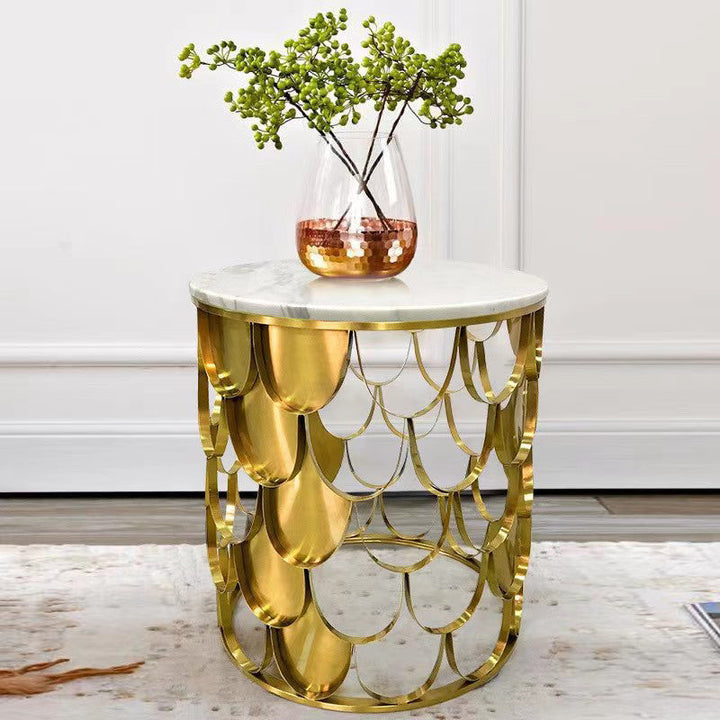 Moderner luxuriöser Couchtisch in runder Zylinderform mit Marmor und Edelstahl für das Wohnzimmer 