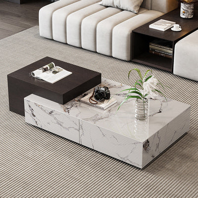 Mesa de café de madera rectangular cuadrada minimalista moderna con placa de piedra y 4 cajones para sala de estar 