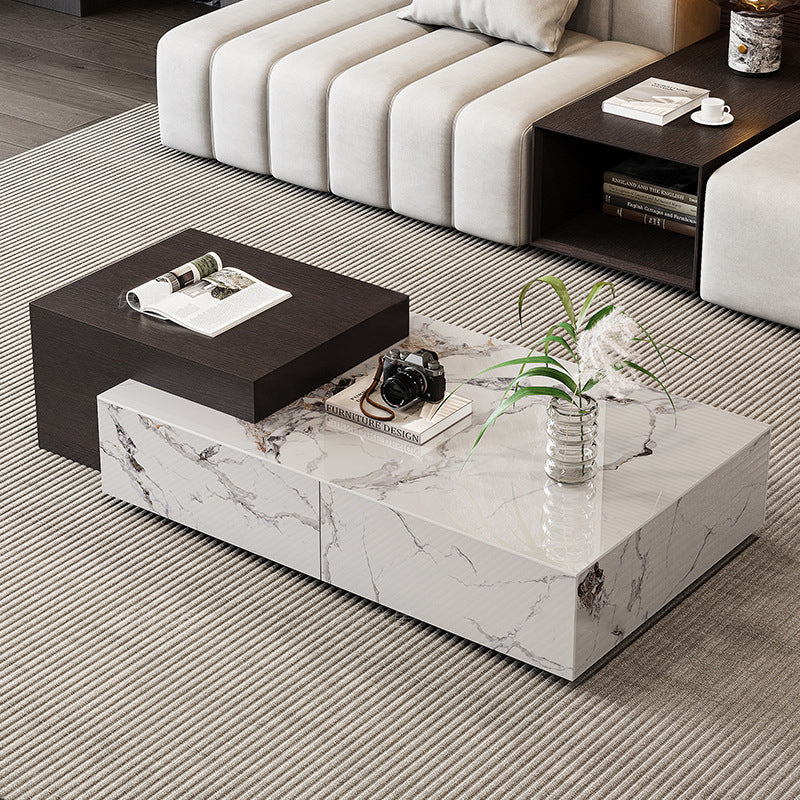 Mesa de café de madera rectangular cuadrada minimalista moderna con placa de piedra y 4 cajones para sala de estar 