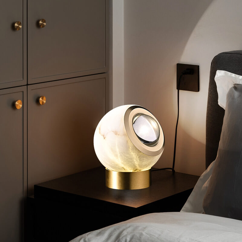 Contemporary Luxury Round Marble Copper LED Table Lamp For Bedroom