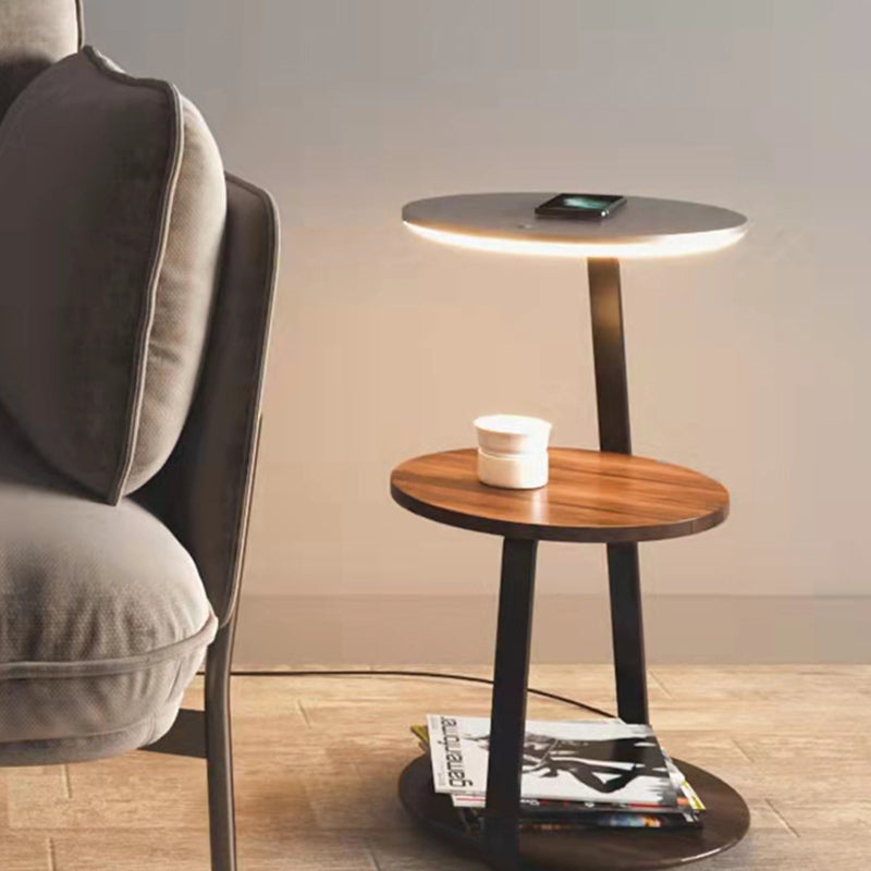 Table de chevet contemporaine nordique ronde en noyer et marbre avec fer, charge sans fil pour téléphone mobile, 2 niveaux pour le chevet 