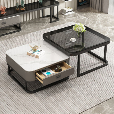 Table basse moderne minimaliste carrée en dalle de roche, verre et métal, avec 1 tiroir pour le salon 