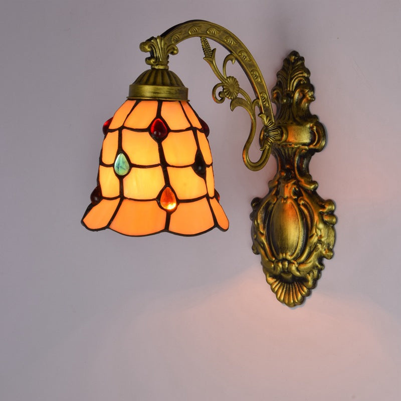 Traditionelle Tiffany Eisen Kristall Glasmalerei Blume 1-Licht Wandleuchte Lampe für Wohnzimmer 