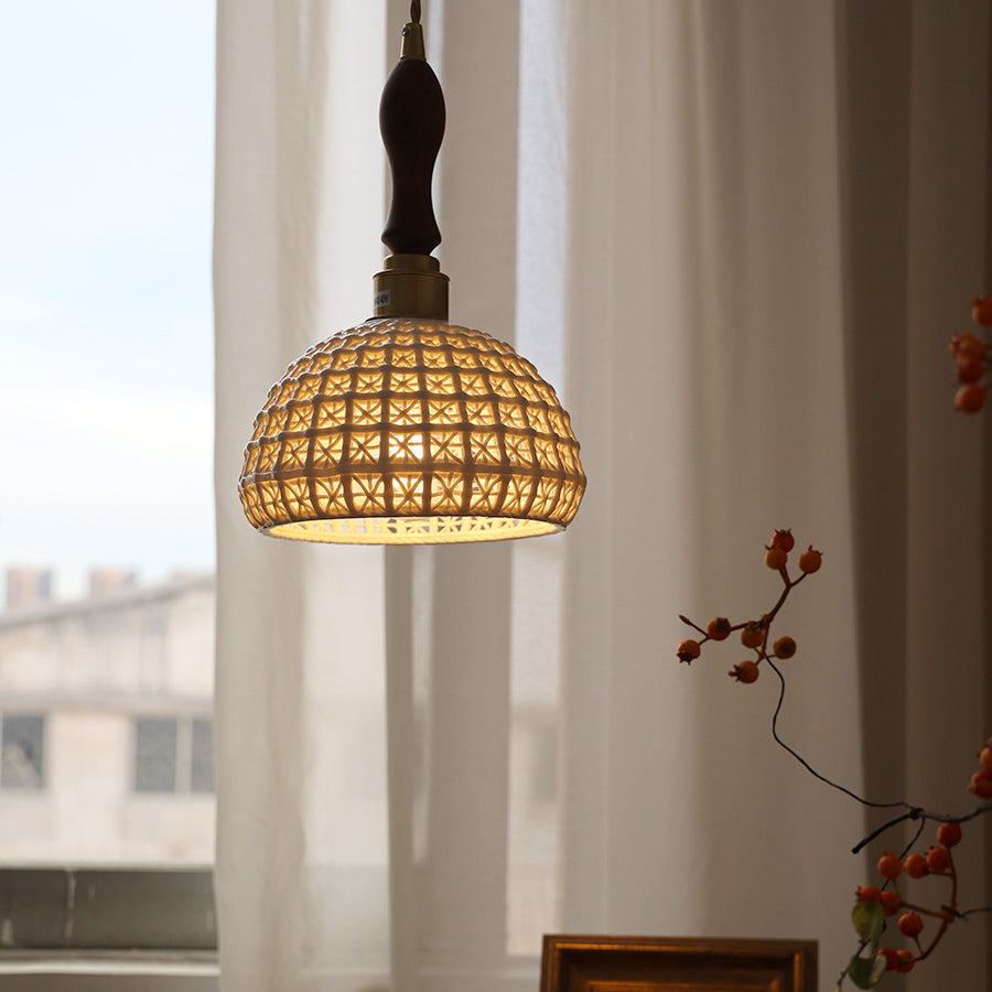 Contemporary Retro Ceramic Brass Copper-Plated Basket Shade 1-Light Pendant Light For Living Room &amp; Bedroom
