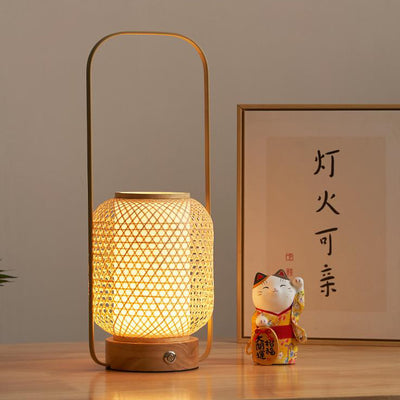 Contemporary Boho Bamboo Weaving Handheld Cylinder LED Touch Dimmable Table Lamp For Bedroom