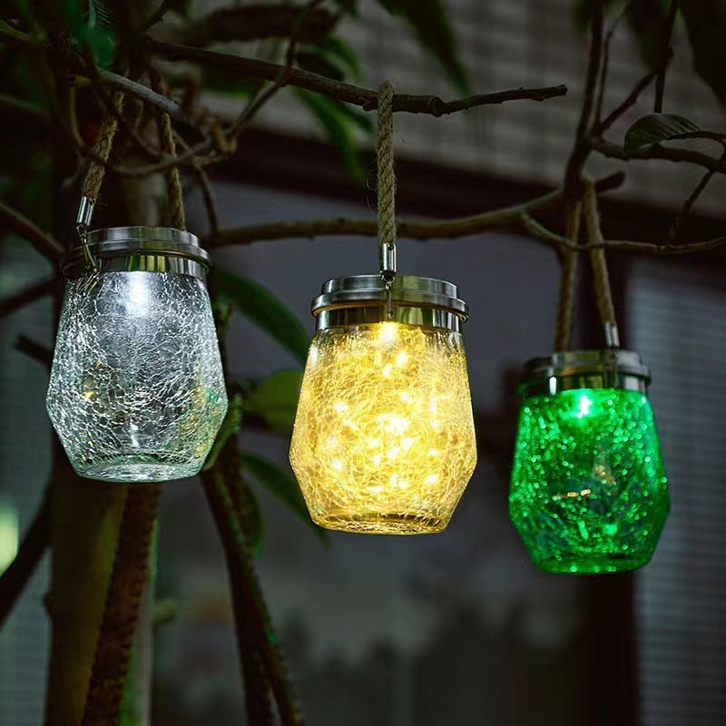 Contemporary Creative Metal Glass Rope Solar Crackle Jar Waterproof Hanging LED Outdoor Light For Outdoor Patio
