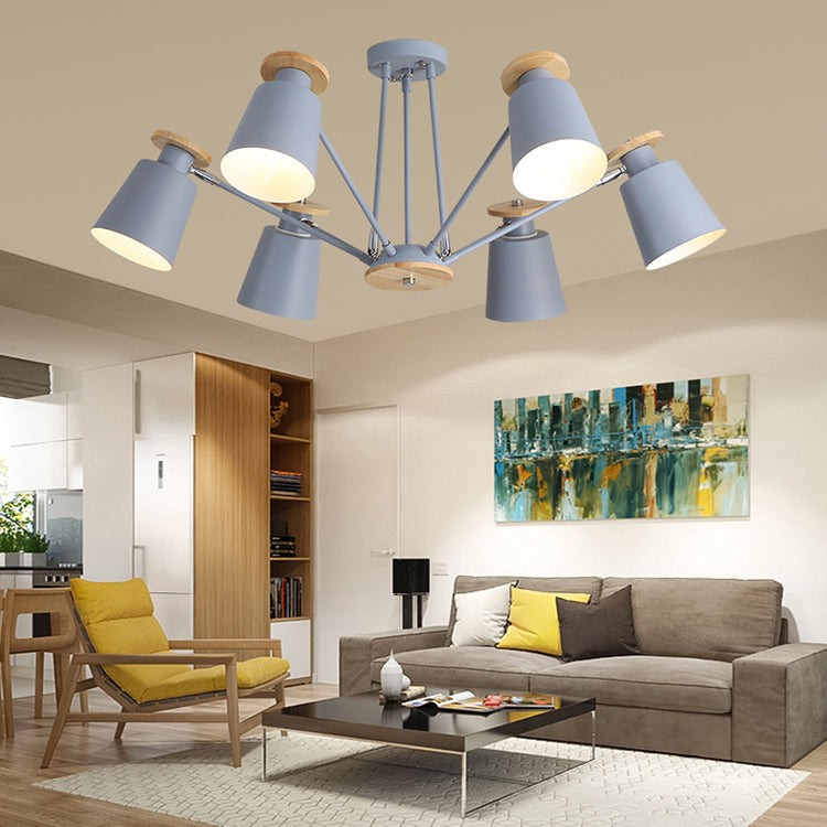 Lustre contemporain scandinave à branches cylindriques en bois et fer avec 6/8 lumières pour salon 