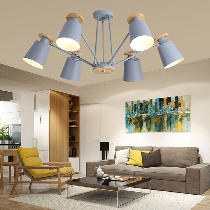 Lustre contemporain scandinave à branches cylindriques en bois et fer avec 6/8 lumières pour salon 