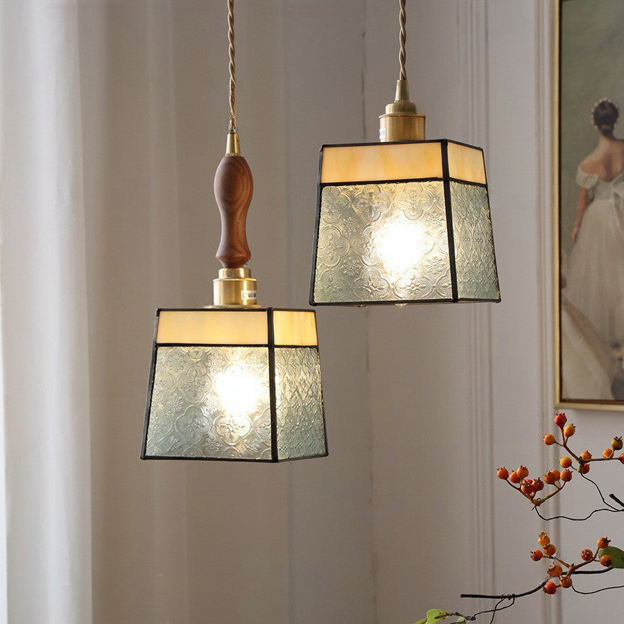 Lámpara colgante contemporánea retro de vidrio, latón, hierro, nogal cúbico trapezoidal de 1 luz para comedor 