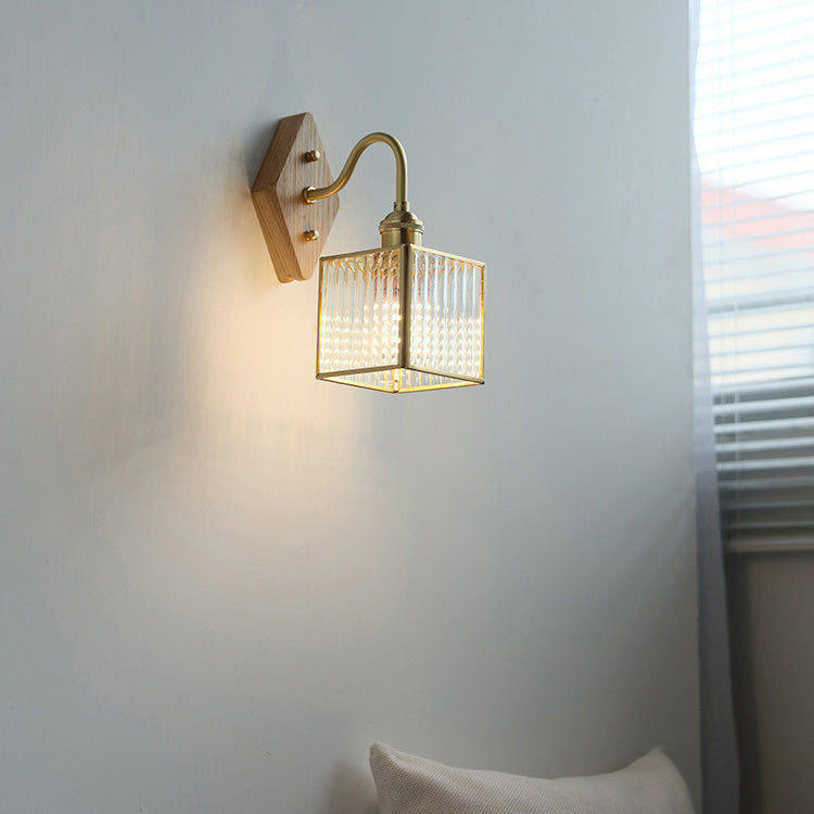 Applique Murale Traditionnelle Vintage Carrée en Verre de Cuivre et Bois à 1 Lumière pour Chambre 