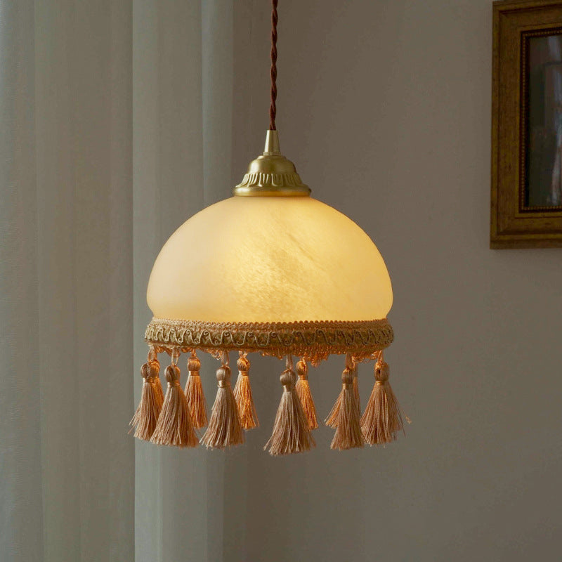 Traditionelle französische runde Quaste Glas Kupfer Stoff 1-Licht Pendelleuchte für Wohnzimmer 