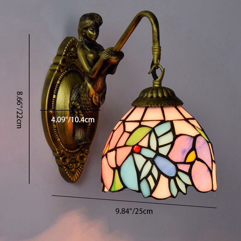 Lámpara de aplique de pared de 1 luz con brazo de lámpara de hardware sirena y pantalla floral de vidrio teñido tradicional de Tiffany para sala de estar 