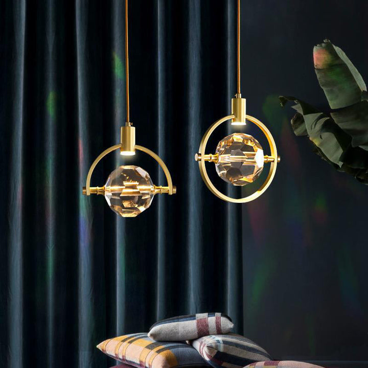 Modern Luxury Full Copper Circle Ring Crystal Ball 1-Light Pendant Light For Living Room