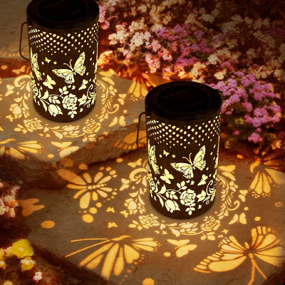 Iluminación de paisaje colgante LED de cilindro de hierro impermeable solar de granja tradicional con flores huecas para jardín 