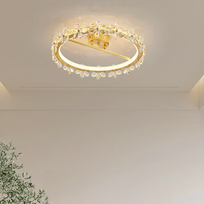 Modern Luxury Round Petal Full Copper Crystal LED Semi-Flush Mount Ceiling Light For Bedroom