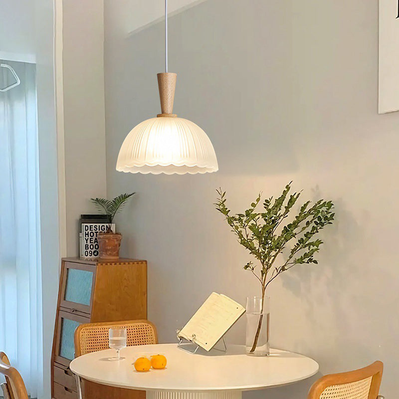 Suspension Luminaire Moderne Minimaliste Rond en Verre à Rayures en Dentelle avec Bois 1-Lumière pour Salon 