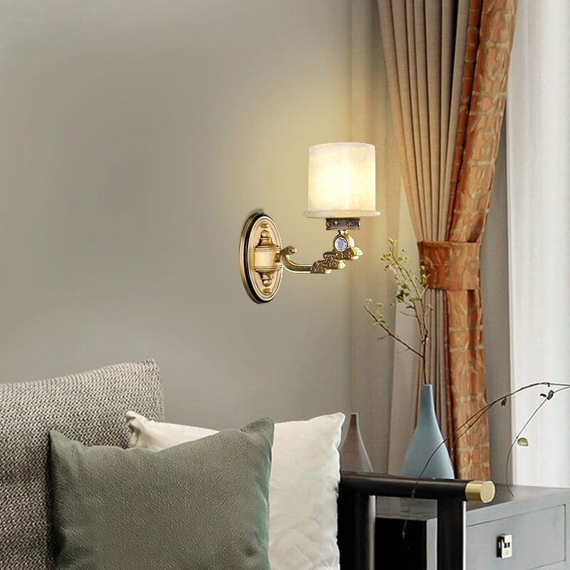 European Retro Light Luxury Copper Jade 1/2-Light Wall Sconce Lamp