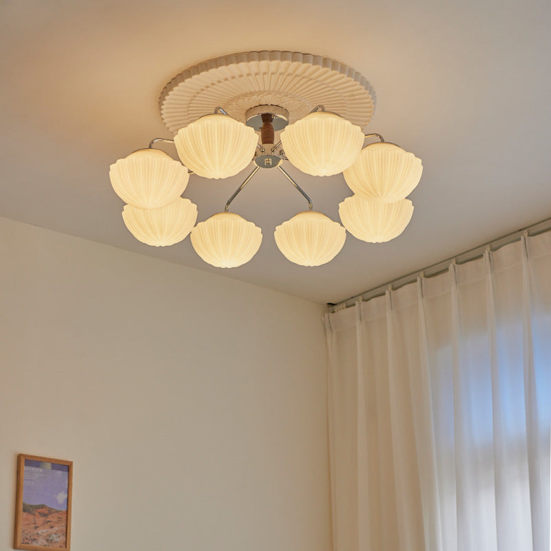 Traditionelle französische Schüssel geripptes Eisen Holz Glas 3/5/8 Licht Halbbündige Deckenleuchte für Wohnzimmer 