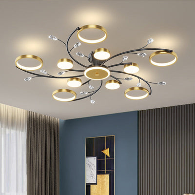 Moderne Luxus-Zweig Runde Hardware Eisen Acryl Kristall Silikon LED Semi-Flush Mount Deckenleuchte für Wohnzimmer 