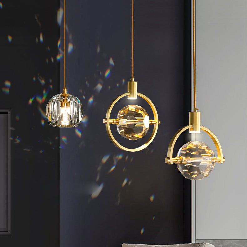 Modern Luxury Full Copper Circle Ring Crystal Ball 1-Light Pendant Light For Living Room