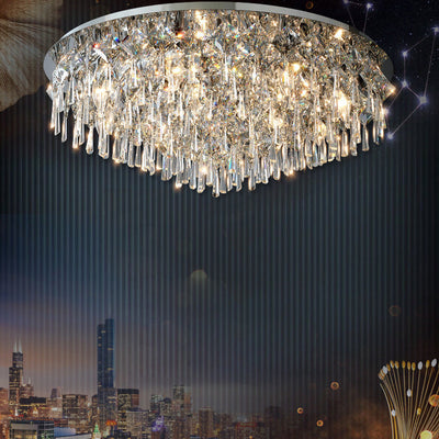 Luxe contemporain Éblouissant chaînes de cristal prismatiques Cadre rond en acier inoxydable Plafonnier encastré à 2/6/8 lumières pour salon 