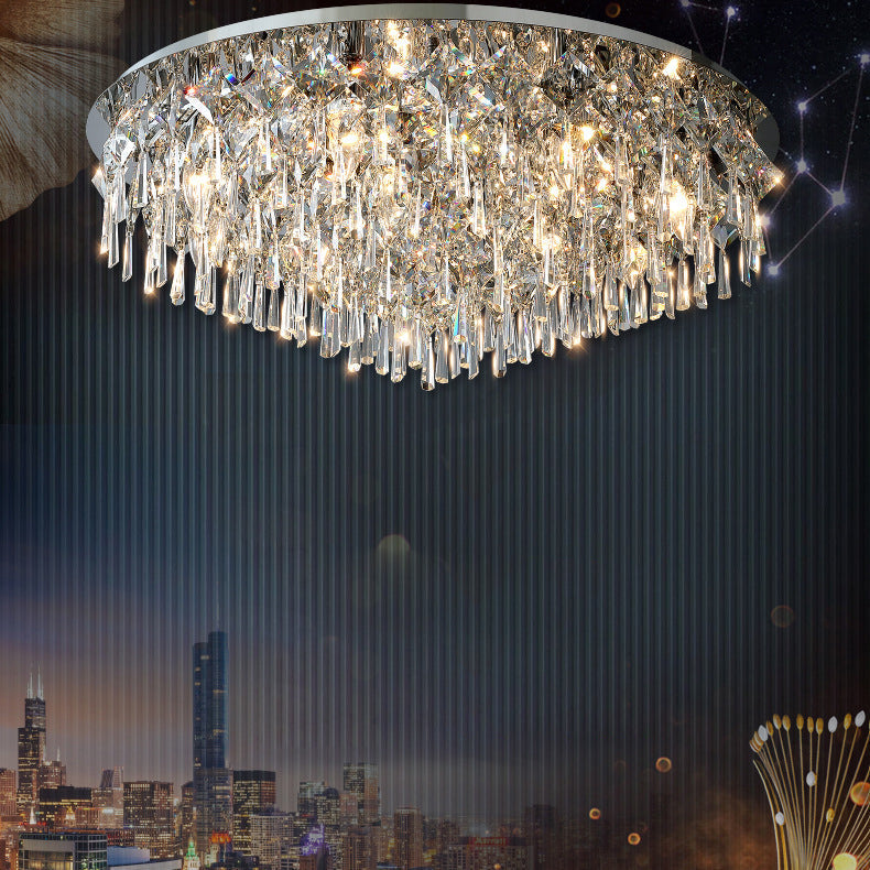 Luxe contemporain Éblouissant chaînes de cristal prismatiques Cadre rond en acier inoxydable Plafonnier encastré à 2/6/8 lumières pour salon 