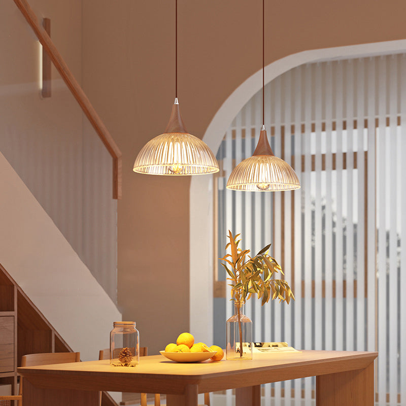 Zeitgenössische Retro Holz Vertikal Glas Runde Schatten 1-Licht Pendelleuchte für Wohnzimmer 