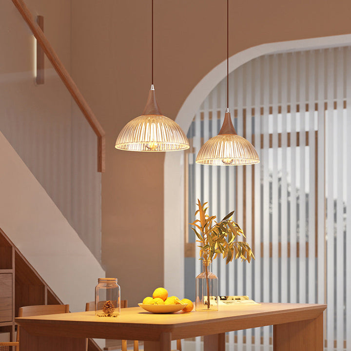 Zeitgenössische Retro Holz Vertikal Glas Runde Schatten 1-Licht Pendelleuchte für Wohnzimmer 