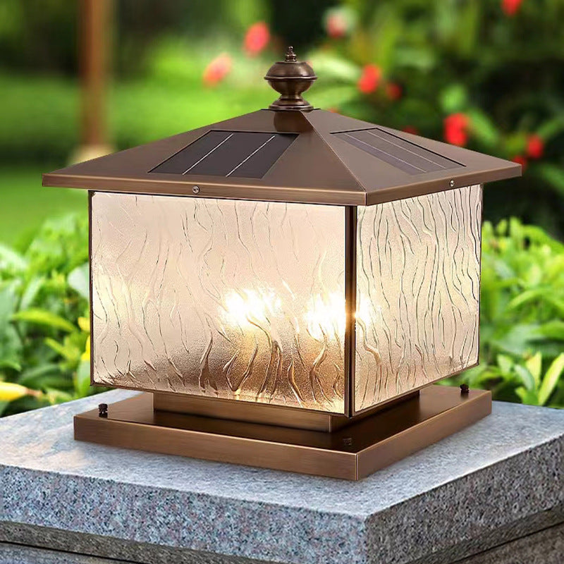 Luz de Poste de Cabeza de Vidrio Texturizado Cuadrado Solar Tradicional Europeo 1/2 para Patio Exterior 