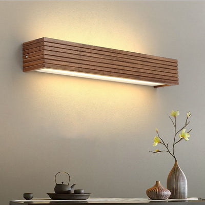 Traditional Chinese Striped Wood Cuboid LED Vanity Mirror Front Wall Sconce Lamp For Bathroom