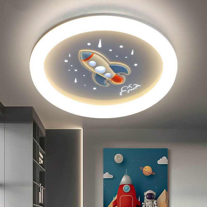 Modern Cartoon Rocket Round LED Kids Flush Mount Ceiling Light