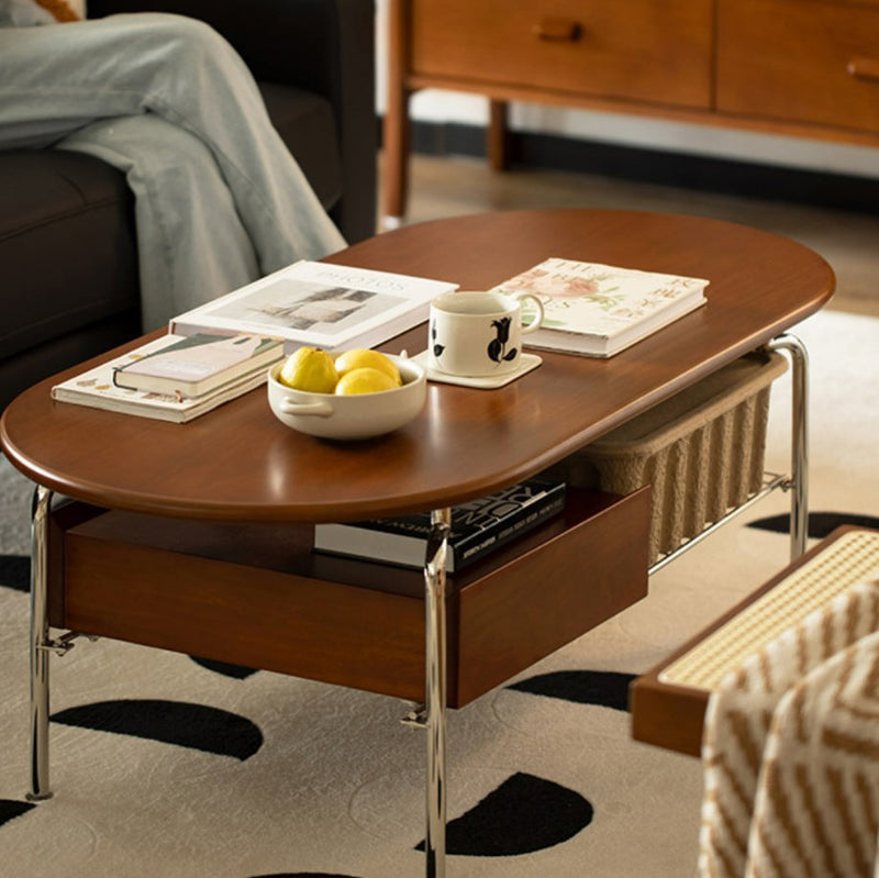 Table basse contemporaine rétro elliptique en bois de pin, bois de cerisier et acier inoxydable à 2 niveaux pour le salon 