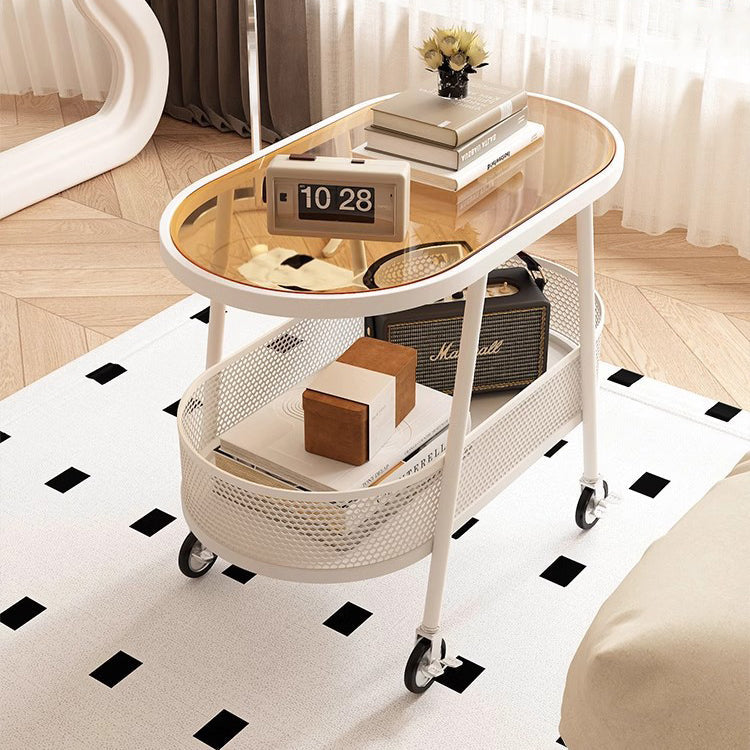 Moderner elliptischer Glaseisen-Beistelltisch mit 2 Ebenen für das Wohnzimmer 