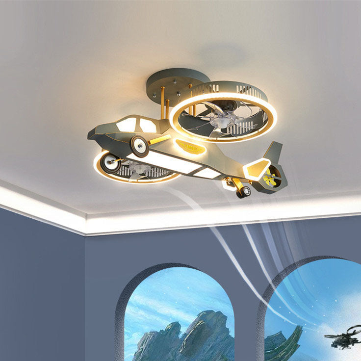 Ventilador de techo con luz LED de varillas contemporáneas creativas para niños, avión, para dormitorio 