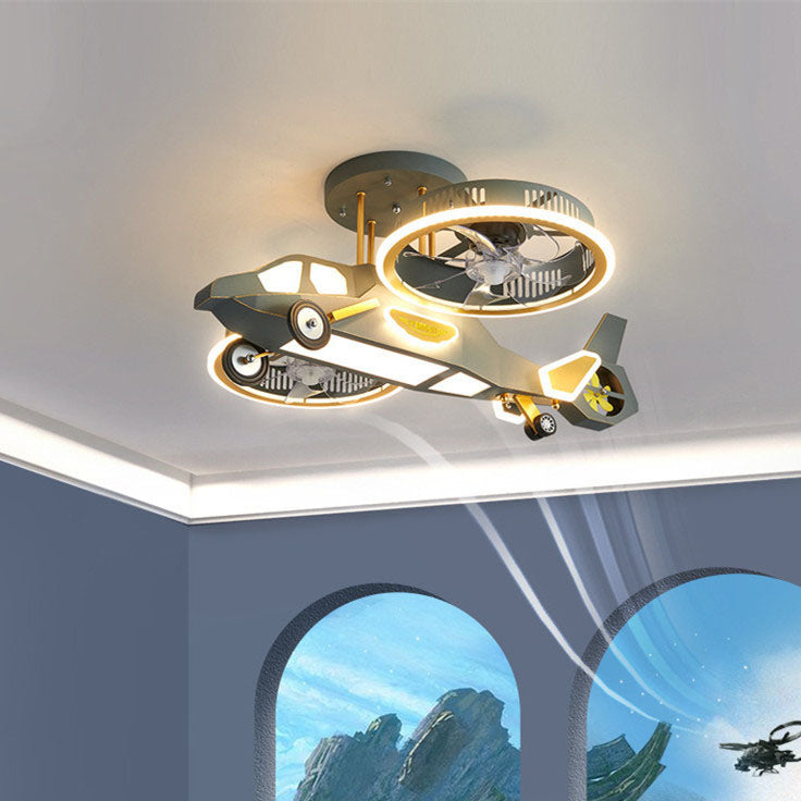 Contemporary Creative Hardware Kids Aircraft LED Downrods Ceiling Fan Light For Bedroom