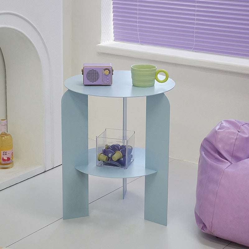 Mesa de café de hierro redonda minimalista moderna con 1 estante para sala de estar 