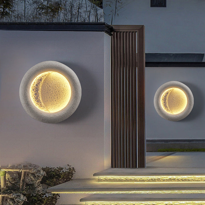 Lámpara de Aplique de Pared LED de Luna Redonda de Concreto Impermeable Vintage Tradicional con Luz Cálida para Jardín 