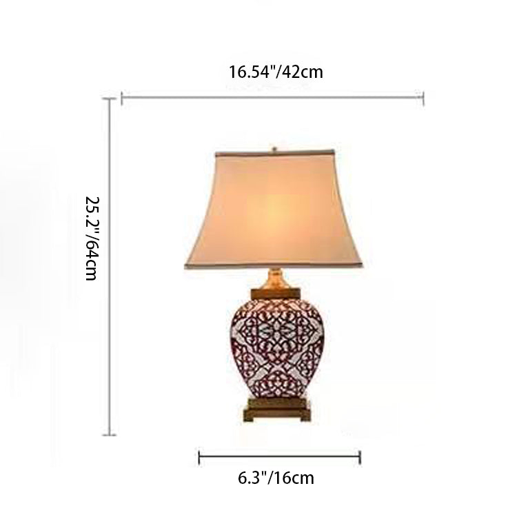 Traditional Chinese Cone Fabric Red Ceramic Jar Base 1-Light Table Lamp For Bedroom