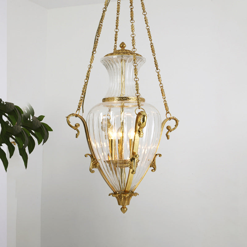 Zeitgenössischer Luxus-Kronleuchter mit graviertem Vollkupferglas und konischem Schirm, 4 Lichter, für das Wohnzimmer 