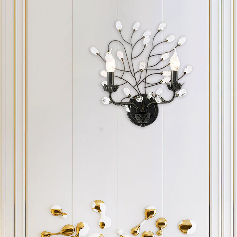 Traditionelle Vintage Eisen Zweige Kristall Dekor 2-Licht Wandleuchte Lampe für Wohnzimmer 
