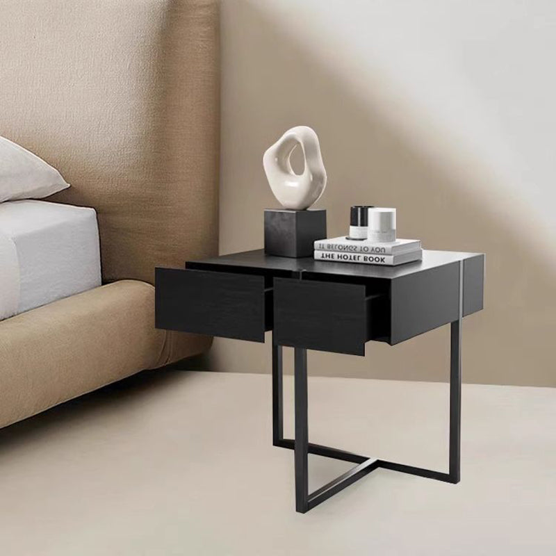 Table de chevet moderne en bois massif et acier inoxydable rectangulaire avec 2 tiroirs pour chambre à coucher 
