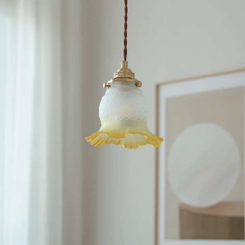 Traditional Japanese Glass Flower Copper 1-Light Pendant Light For Living Room