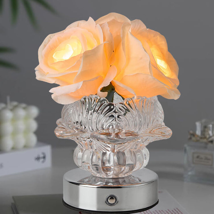 Moderne dekorative Rosenmetall-Glas-LED-Tischlampe 