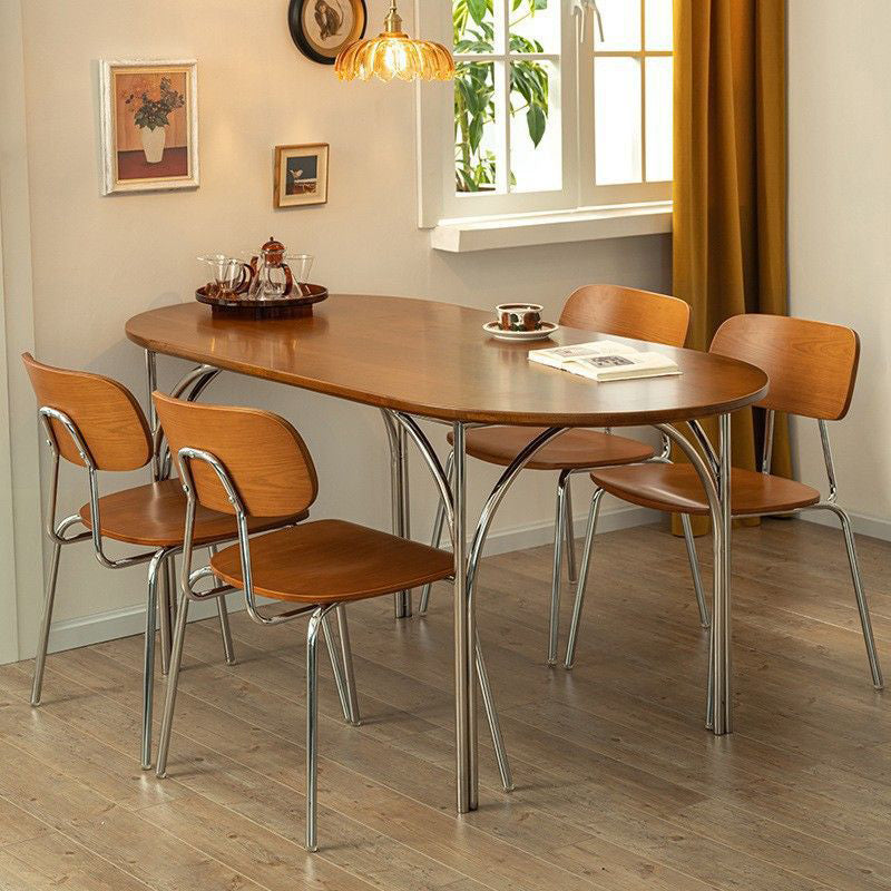Table à manger elliptique vintage traditionnelle en bois de frêne de pin et acier inoxydable pour 4 places 