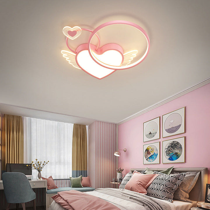 Modern Art Deco Heart Wings Round Acrylic Iron LED Flush Mount Ceiling Light For Bedroom