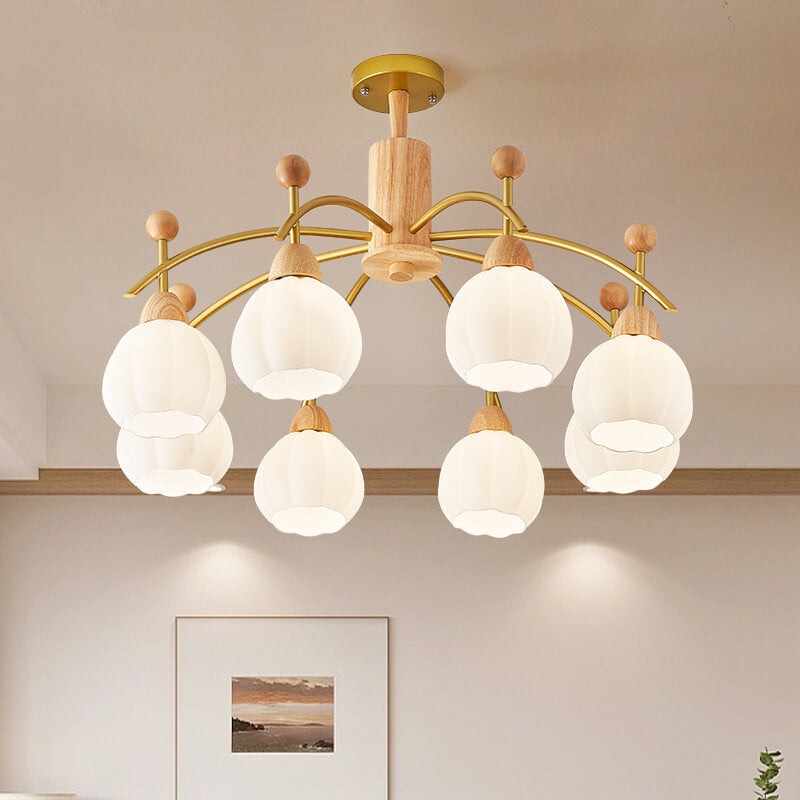 Traditioneller japanischer Eisenholzrahmen Rundglas-Schirm 6/8/10-Licht Kronleuchter für Wohnzimmer 