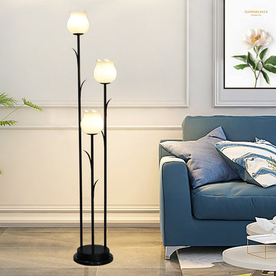 Contemporary Scandinavian Cylinder Flower Iron Glass 3-Light Standing Floor Lamp For Living Room