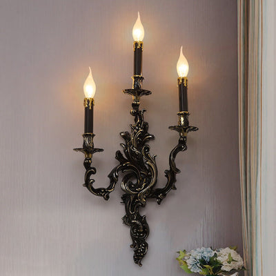 Traditional French Black Copper Candlestick 3-Light Wall Sconce Lamp For Living Room