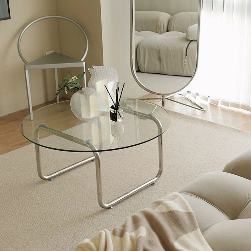 Modern Minimalist Round Glass Stainless Steel Base Coffee Table For Living Room