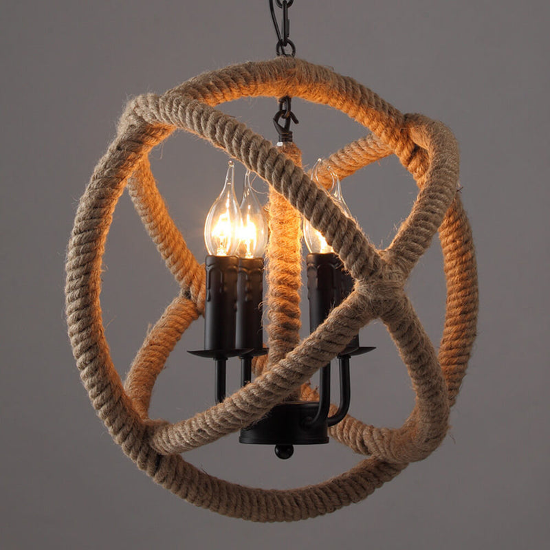 Contemporary Industrial Hemp Rope Round 4-Light Pendant Light For Dining Room